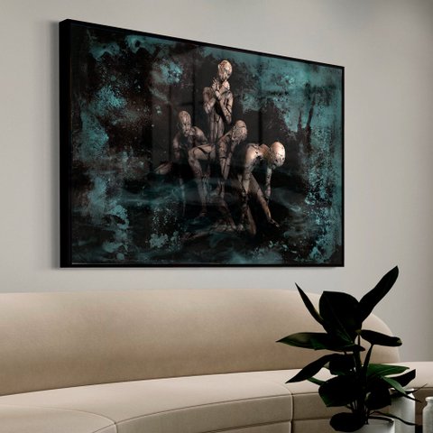 Quadro Decorativo Abstrato Místico em Moldura Caixa Tacolado Moldura Trad 1cm Preta com Vidro 40 X 6