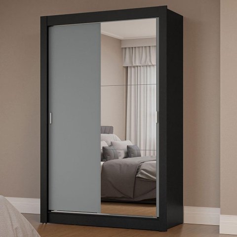 Guarda-roupa Solteiro 2 Portas de Correr com Espelho Preto/cinza Milano Madesa