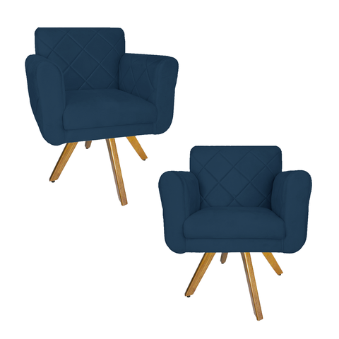 Jogo 2 Poltrona Decorativa Base Giratória De Madeira Salão Isabella Suede Azul Marinho - LM DECOR