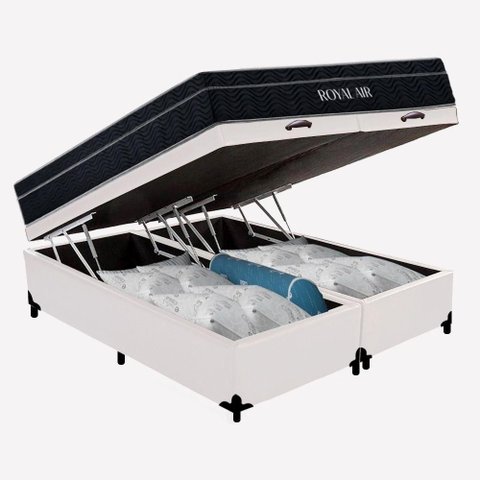 Cama Box Baú Casal Bipartido Royal Air com Colchão Molas Ensacadas Tecido Branco Royal