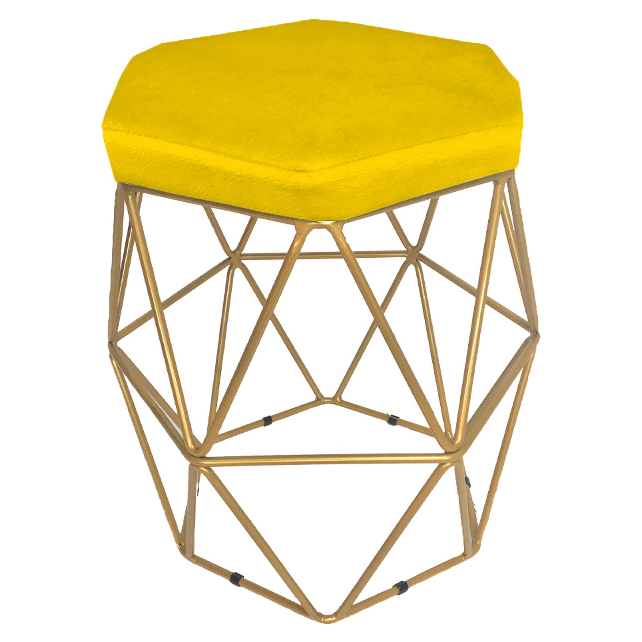 Kit 2 Puff Puf Decorativo Para Sala De Estar Confortável Aramado Base Dourada Suede Amarelo - 2