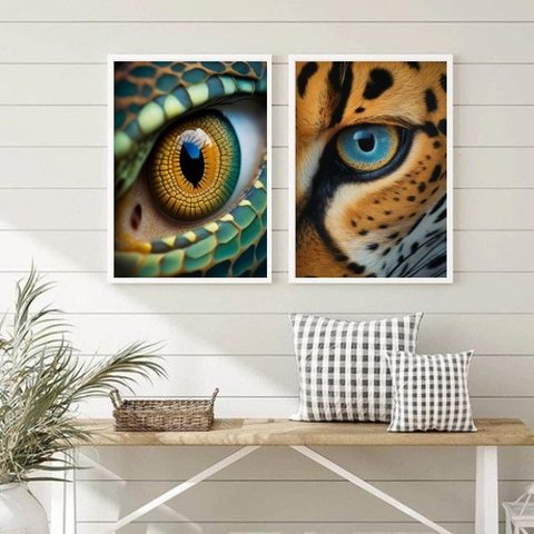 Kit 2 Quadros Decorativos Fotografias Olhos de Animais 24x18cm - com Vidro:madeira Branca