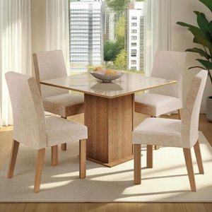 Conjunto Sala de Jantar Madesa Cecilie Mesa Tampo de Vidro com 4 Cadei...
