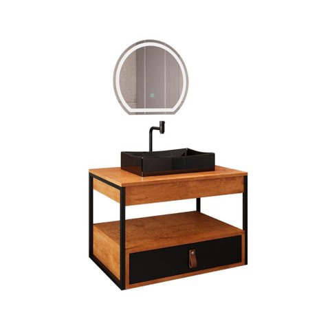 Gabinete Harley com Cuba Torneira Espelho Redondo Led 50cm Nature/preto