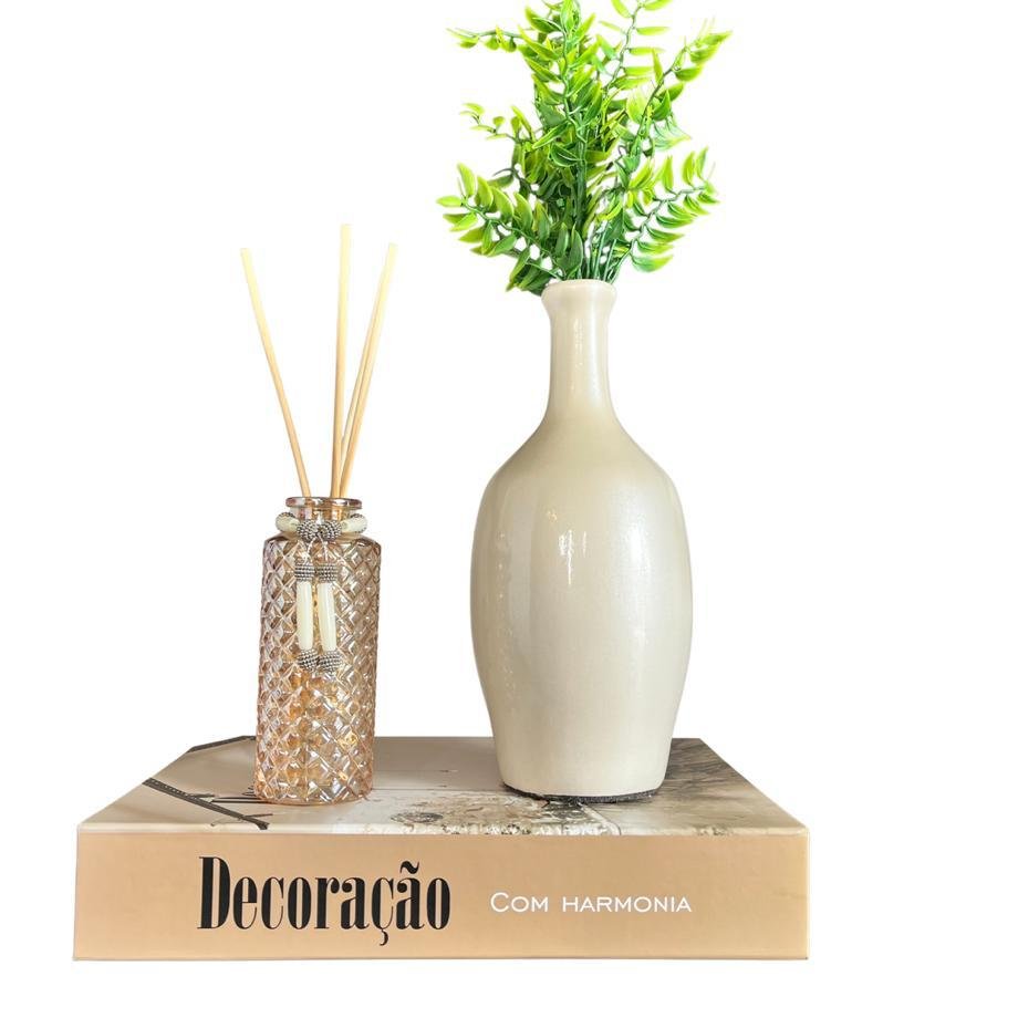 Decoração sala livro caixa + vaso garrafa + difusor âmbar