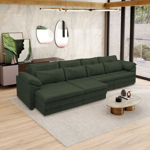 Sofá Retrátil Elétrico Sala de Estar Nolan Bipartido 379cm Conforto Premium em Couro Verde Manchado 