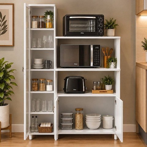 Balcão Multiuso para Forno e Micro-Ondas com 3 Portas e 4 Prateleira BL3304 Branco