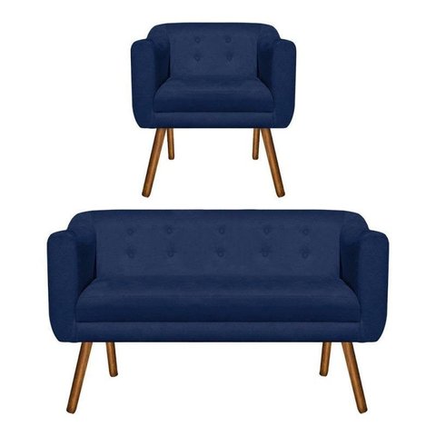 Kit Sofá Retrô Poltrona Namoradeira 02 Lugares e Poltrona Decorativa Julia Suede Azul Marinho  - 