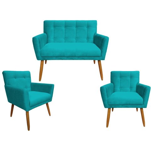 Kit Namoradeira + 2 Poltronas Decorativa Onix Suede Azul Tifany Pés Madeira Ms Decor