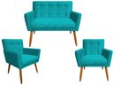 Ver imagem 1 de Kit Namoradeira + 2 Poltronas Decorativa Onix Suede Azul Tifany Pés Madeira Ms Decor