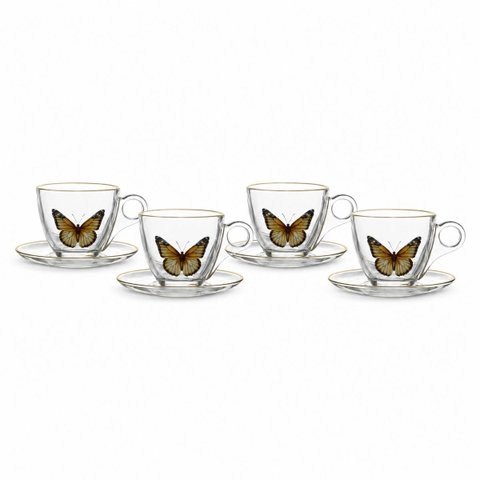 Jogo 4 Xícaras de Chá Butterfly 170ml com Pires de Vidro e Detalhes Dourados
