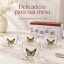 Ver mais imagens de Jogo 4 Xícaras de Chá Butterfly 170ml com Pires de Vidro e Detalhes Dourados