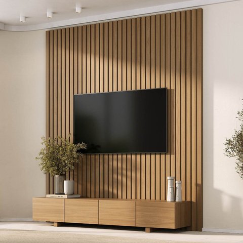 Rack com Painel Ripado para TV até 75 Polegadas 200CMX250CM Liso Aruá CabeCasa MadeiraOriginals