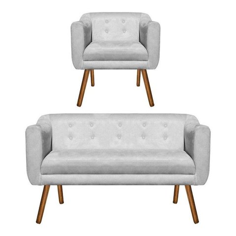 Kit Sofá Retrô Poltrona Namoradeira 02 Lugares e Poltrona Decorativa Julia Suede Cinza - D'Rossi