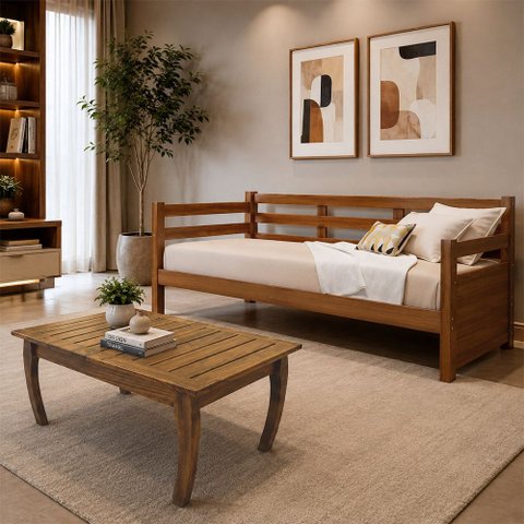 Kit Sofá Cama Enjoy Mona Madeira Maciça com Mesa de Centro Polo em Madeira Maciça Freijo