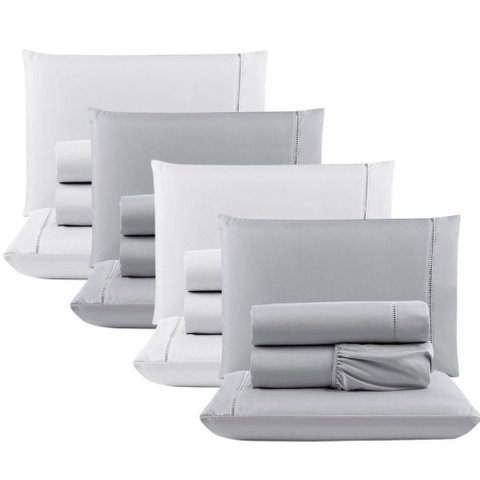 Kit com 4 Jogos Cama Lençol Casal Padrão Micro Percal 400 Fios Ponto Palito 4 Peças Cinza +