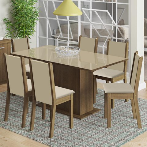 Conjunto Sala de Jantar Madesa Moscou Plus Mesa Tampo de Vidro 6 Cadeiras - Rustic/crema/sintbege