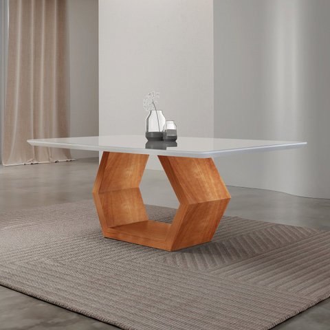 Mesa de Jantar 180cm x 80cm Tampo Madeira com Vidro Sarah Marrom/Cinamomo Imbuia/Laqueado Off White