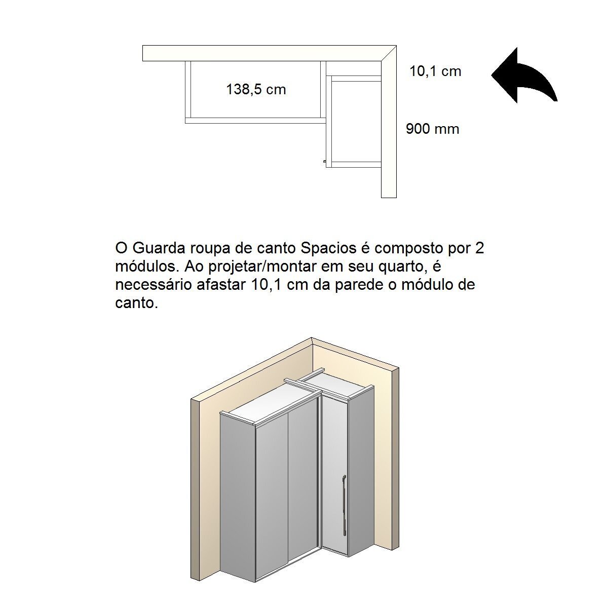 Guarda Roupa de Canto Porta de Correr com Espelho 3 Portas Spacios Belmax:branco - 7