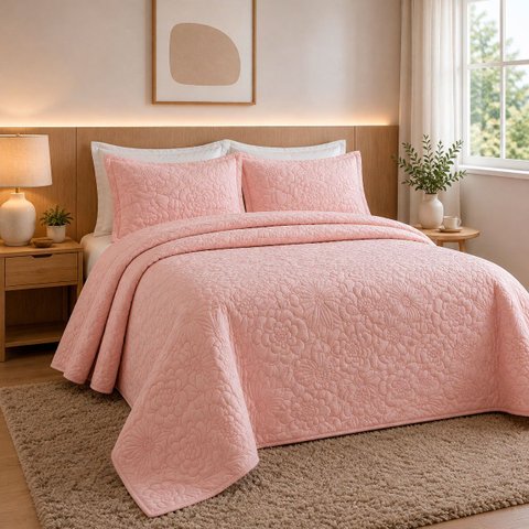 Colcha Matelassê - Queen Size - Madri 3D - Floral - Rosa - Dupla Face - c/ Porta Travesseiros - Roza