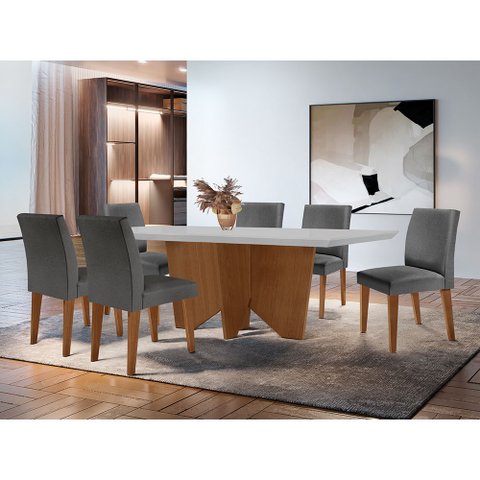 Sala de Jantar Mesa Evora 180 Mdf Canto Reto com 6 Cadeiras Grecia Rufato