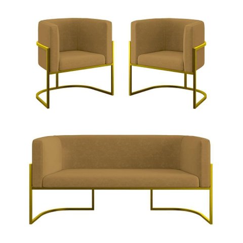 Kit 2 Poltronas + Sofá 2 Lugares Base de Metal Gold Balaqui Capuccino