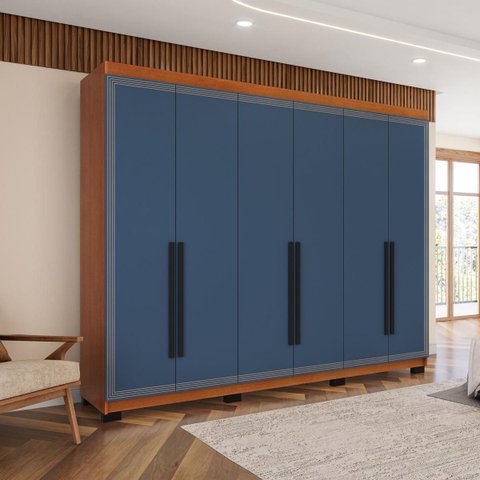 Roupeiro Casal Valência 6 Portas 4 Gavetas 242x214cm Freijó/Azul 240834