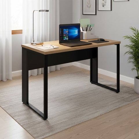 Mesa Escrivaninha Industrial 120cm X 60cm Pé Metal Mac Pr F5 Cor:macadâmia com Preto