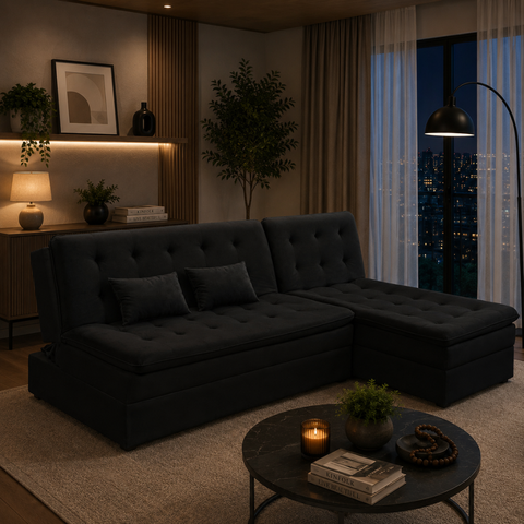 Sofá Cama King 5 Lugares 270cm Alexa Suede Preto