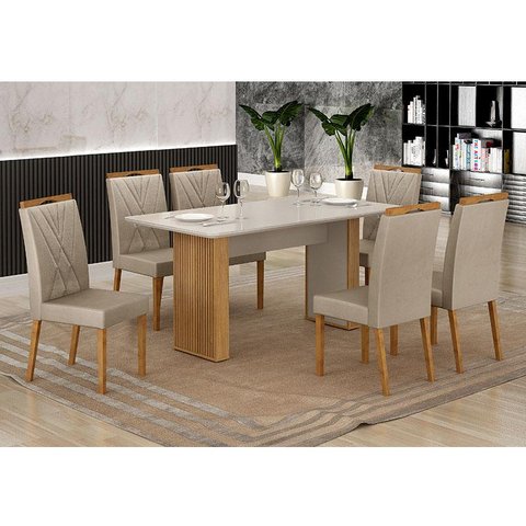 Mesa de Jantar Ambiente Júlia 160x80cm Cinamomo Off White com 6 Cadeiras Lara Veludo Bege - Valdemóv