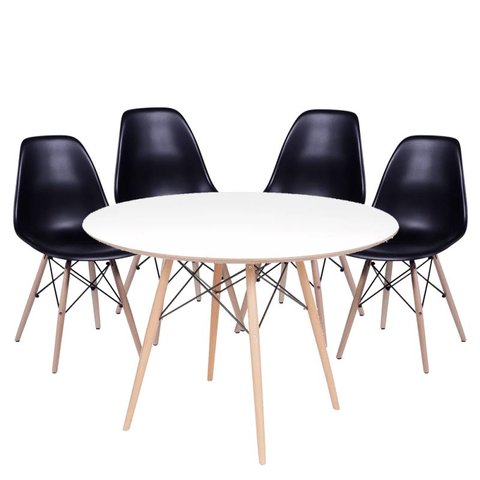 Conjunto Mesa Eames Dsw Branca com a Base de Madeira 120cm + 4 Cadeiras Eames Dsw Preta