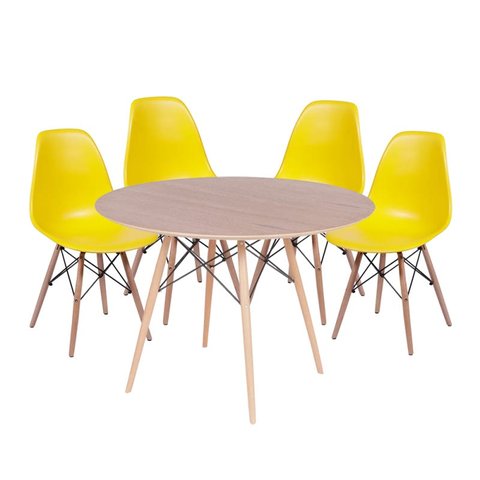 Conjunto Mesa Eames Dsw Freijó com a Base de Madeira 120cm + 4 Cadeiras Eames Dsw Amarela