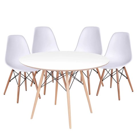 Conjunto Mesa Eames Dsw Branca com a Base de Madeira 120cm + 4 Cadeiras Eames Dsw Branca