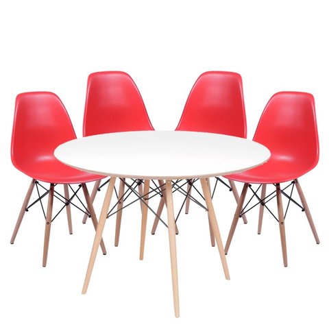 Conjunto Mesa Eames Dsw Branca com a Base de Madeira 120cm + 4 Cadeiras Eames Dsw Vemelha