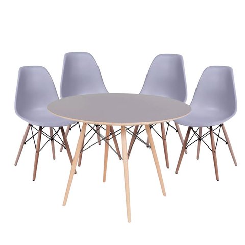 Conjunto Mesa Eames Dsw Preta com a Base de Madeira 90cm + 4 Cadeiras Eames Dsw Cinza