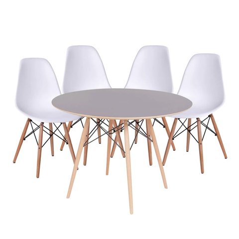 Conjunto Mesa Eames Dsw Preta com a Base de Madeira 90cm + 4 Cadeiras Eames Dsw Branca
