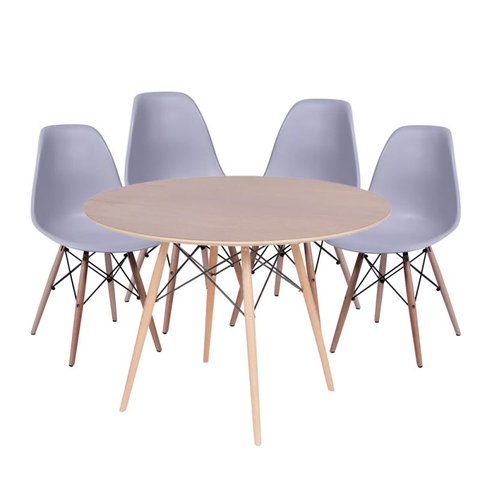 Conjunto Mesa Eames Dsw Imbuia com a Base de Madeira 120cm + 4 Cadeiras Eames Dsw Cinza