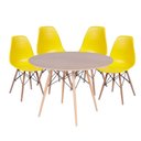 Ver imagem 1 de Conjunto Mesa Eames Dsw Imbuia com a Base de Madeira 120cm + 4 Cadeiras Eames Dsw Amarela