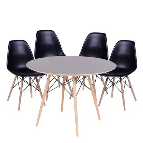 Conjunto Mesa Eames Dsw Preta com a Base de Madeira 90cm + 4 Cadeiras Eames Dsw Preta