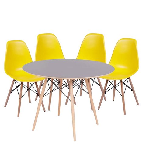 Conjunto Mesa Eames Dsw Preta com a Base de Madeira 120cm + 4 Cadeiras Eames Dsw Amarela