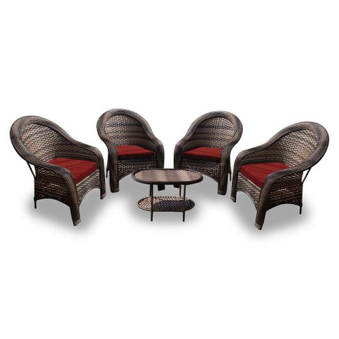 Conjunto de Poltronas Fibra Sintética Karibe - 4 Poltronas + 1 Mesa Centro - Tecido Duna Vermelho