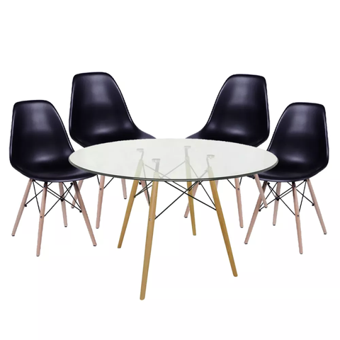 Conjunto Mesa Eiffel de Vidro com a Base Madeira 90cm + 4 Cadeiras Eames Dsw Preta