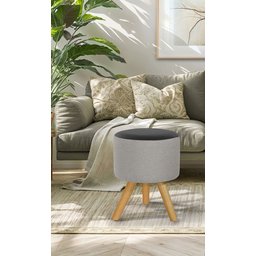 Puff Duna Redondo Pé Palito Banqueta para Os Pés Decorativa Estofada(cinza Claro/preto Corino) - 3