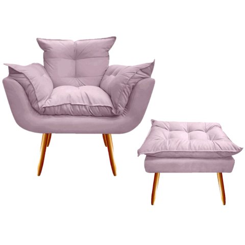 Kit Poltrona + Puff Decorativo Opala Suede Rosê Pés Madeira Ms Decor