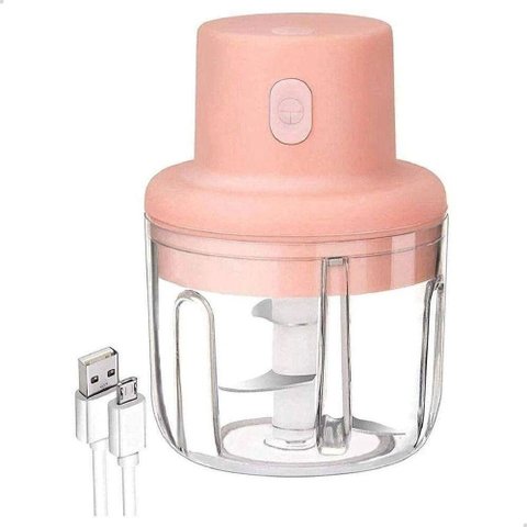 Mini Processador de Alimentos Elétrico Recarregável USB 250ml 3 Lâminas Inox Rosa