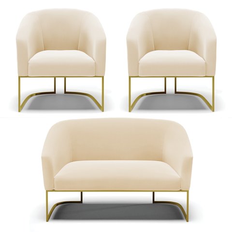 Namoradeira e 2 Poltronas Base Industrial Dourado Stella Suede D03 - D’Rossi Bege