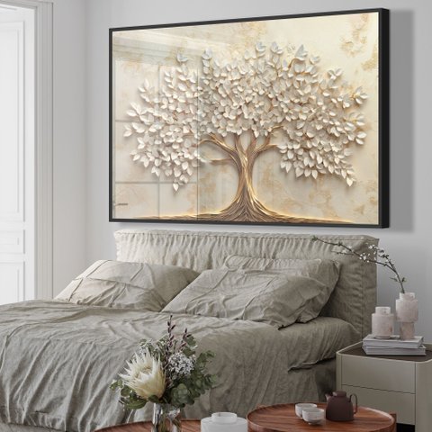 Quadro Decorativo Árvore da Vida Folhas Delicadas Flores Brancas Sala Quarto Casa Escritório