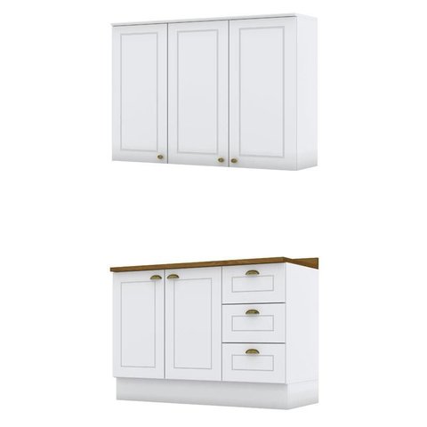 Balcão de Cozinha com Armário Aéreo 3 Portas 120cm Americana Branco Hp - Henn
