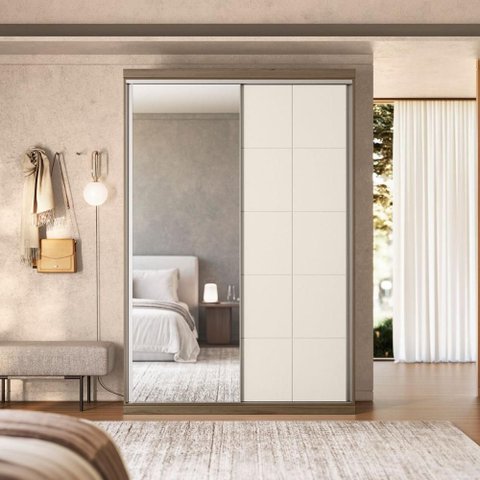Guarda Roupa Solteiro 1,46m 2 Portas de Correr com Espelho Cor:Nogal com Areia