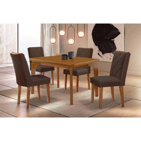 Sala de Jantar Completa Londrina C/ Tampo Madeirado Canto Curvo 120x80cm e 4 Cadeiras Pietá
